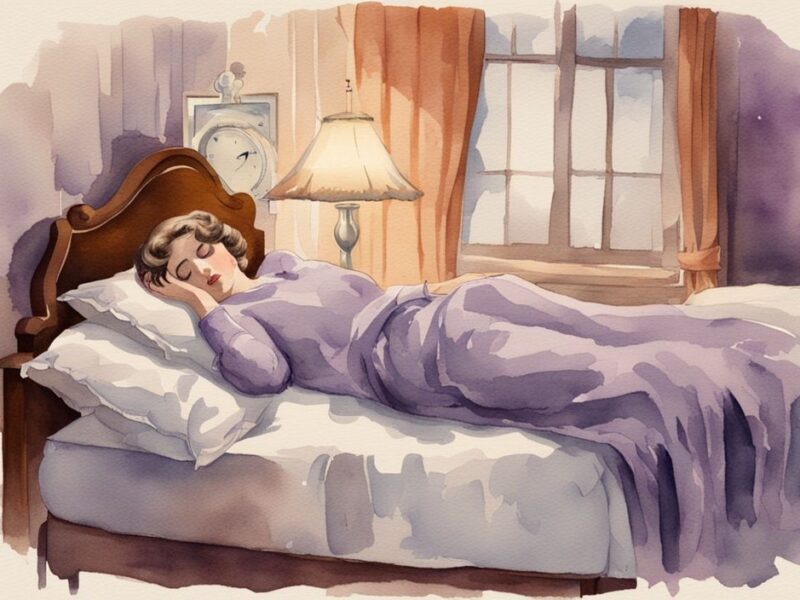 Vintage-Aquarell-Illustration einer müden Frau im Bett mit digitaler Uhr, die eine späte Nachtstunde zeigt, warum brauchen Frauen mehr Schlaf.