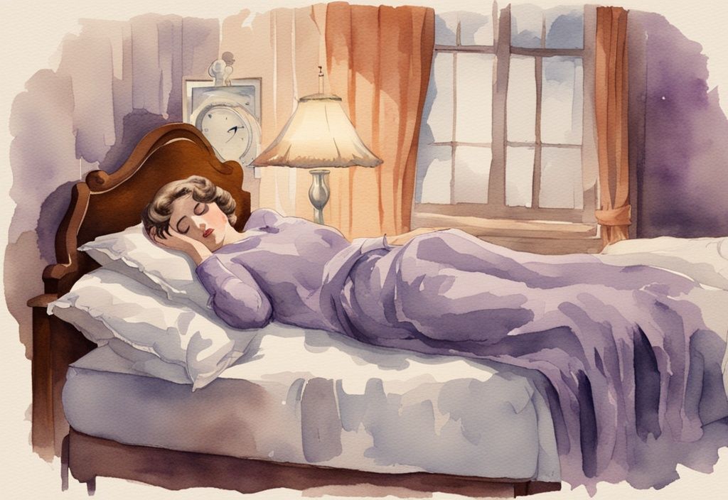 Vintage-Aquarell-Illustration einer müden Frau im Bett mit digitaler Uhr, die eine späte Nachtstunde zeigt, warum brauchen Frauen mehr Schlaf.