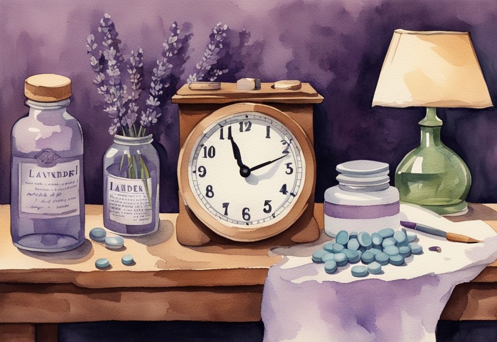 Vintage Aquarell-Illustration mit Lavendel-Farbschema, Nachttischlampe beleuchtet Trazodon-Flasche und Uhr zeigt späte Nachtstunde, idealer Zeitpunkt für Einnahme vor dem Schlafen.