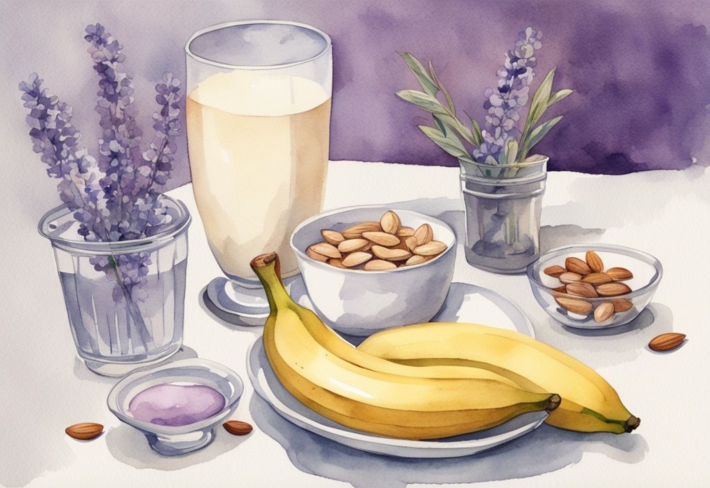 Vintage Aquarell-Illustration eines gesunden Snacks vor dem Schlafen: Tisch mit einem Glas warmer Milch, einer Schale Mandeln und einer Banane - was vor dem Schlafen essen.