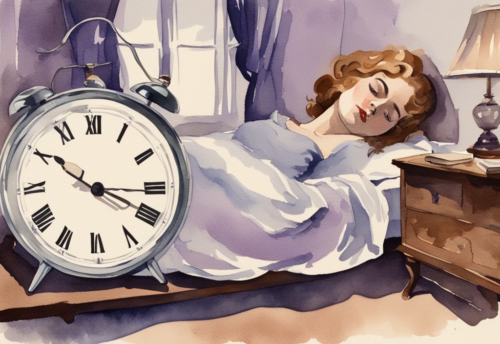 Vintage Aquarellillustration einer müden Frau im Bett mit digitaler Uhr, die eine späte Nachtstunde zeigt, warum brauchen Frauen mehr Schlaf