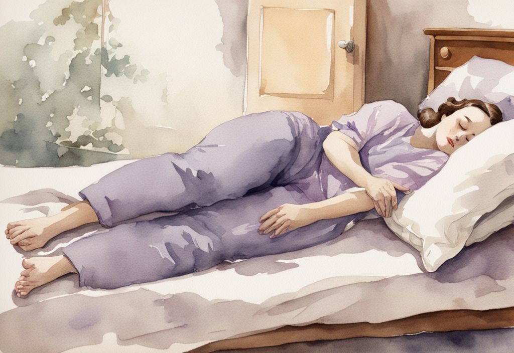 Vintage Aquarellillustration einer Person in Seitenlage mit einem Kissen zwischen den Knien, die eine bequeme Schlafposition bei Ischias zeigt - wie schlafen bei Ischias.